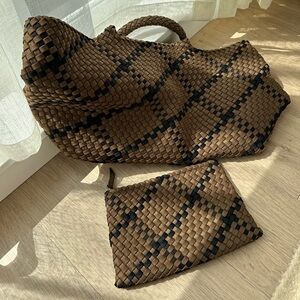 Naghedi St. Barts Large woven tote bag. brown with black plaid&zippered pouch